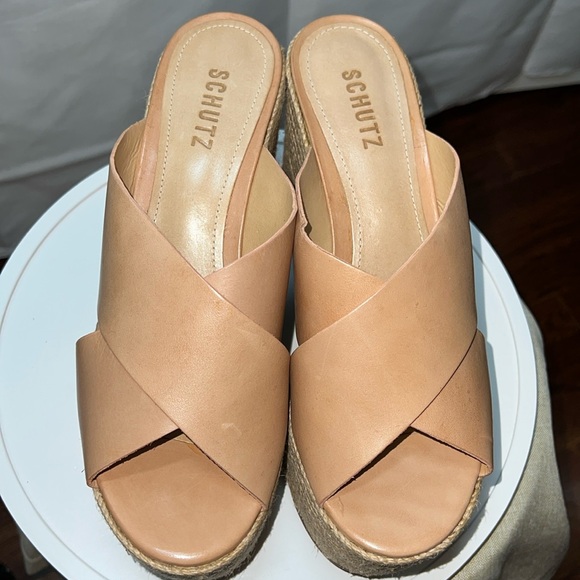 NEW SCHUTZ Tan Leather Jute Wrapped Platform Espadrille Sandals - Picture 1 of 6